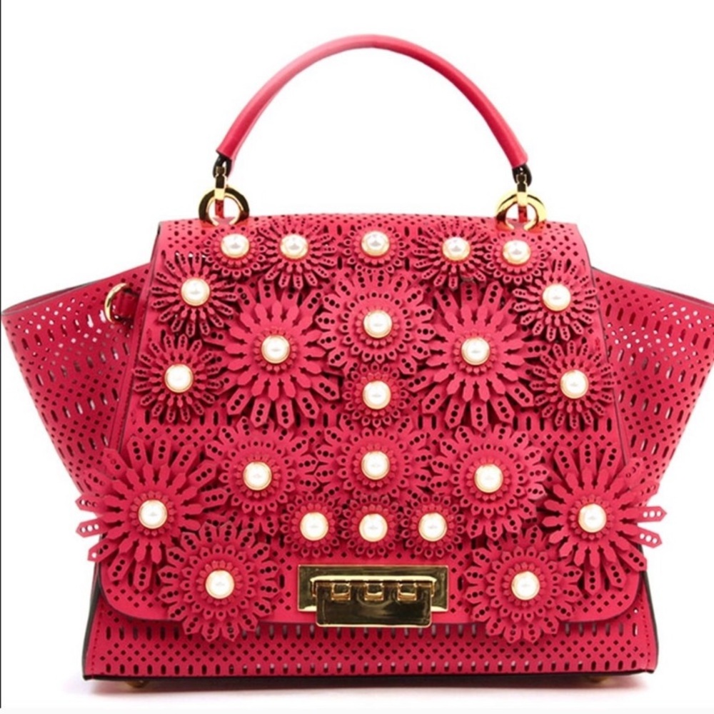 ZAC POSEN Red Floral & Pearl Eartha Satchel